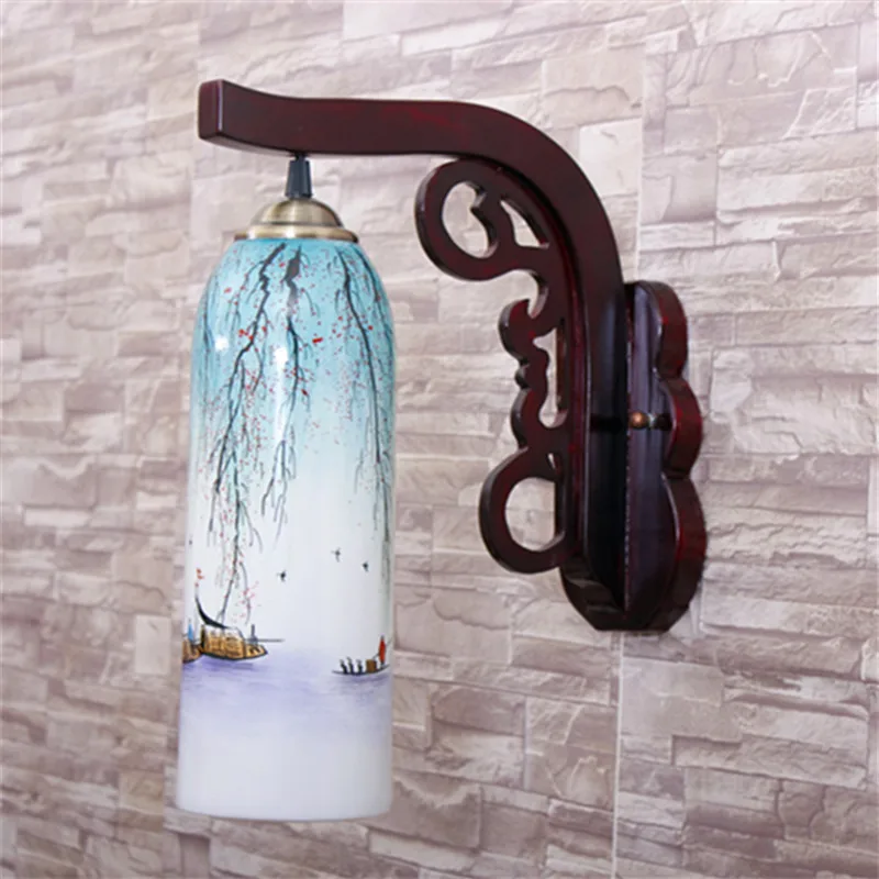 

Modern chinese style vintage jingdezhen ceramic lamps balcony ofhead living room wall lamp solid wood