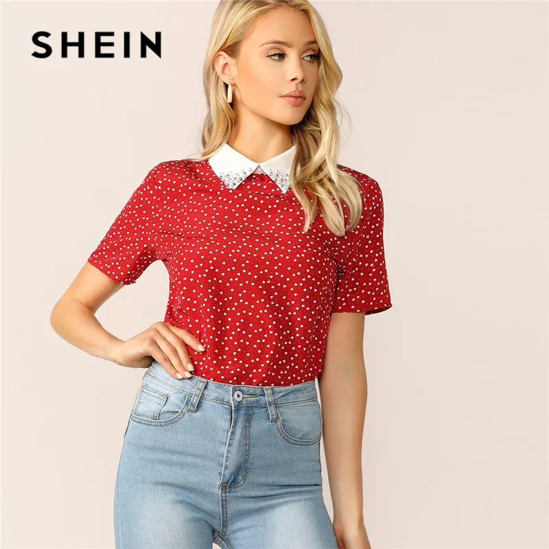 SHEIN женская красная опрятная футболка с принтом сердца и контрастным воротником, украшенная жемчугом, женские топы, летние повседневные футболки с коротким рукавом для студентов