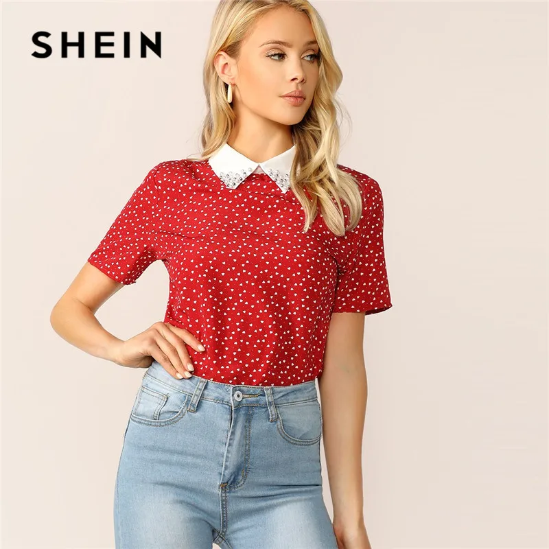SHEIN женская красная футболка с контрастным воротником и принтом преппи