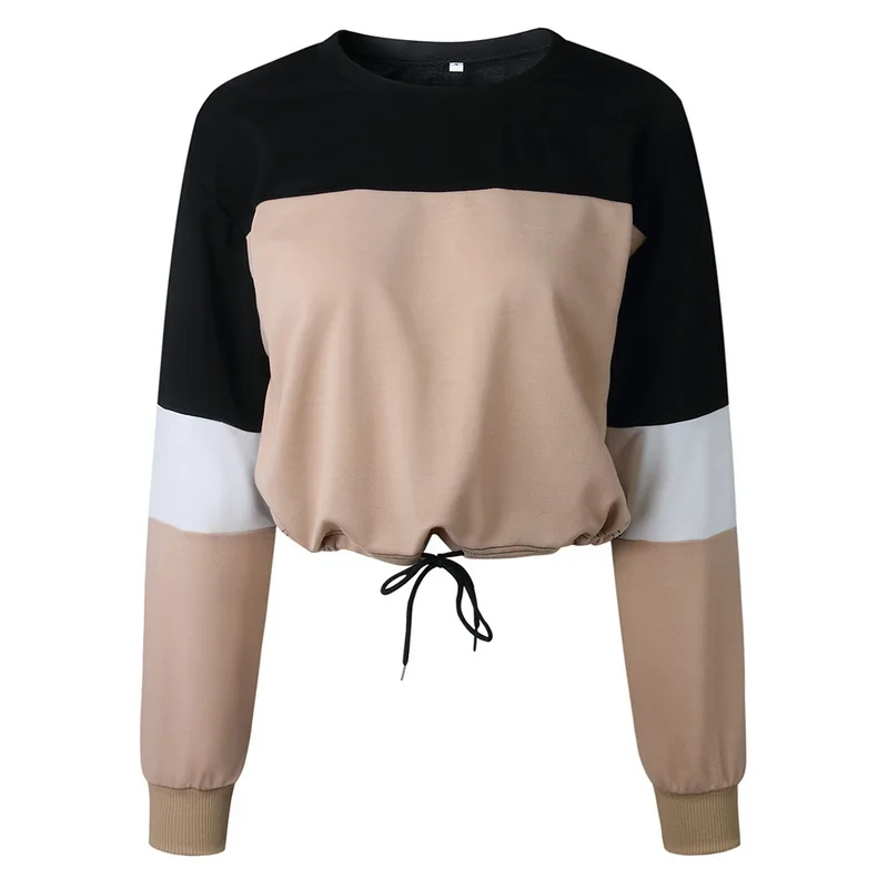 

LASPERAL Sweatshirt Women Autumn Sexy O Neck Long Sleeve Crop Top 2018 Fashion Lace Up Patchwork Loose Short Sweatshirt Female
