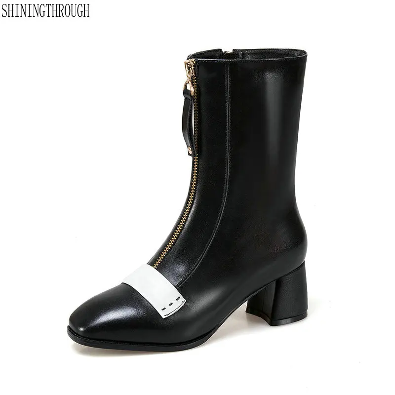 

New genuine leather 5cm square heels women ankle boots elegant mixed colors dress party ladies boots shoes woman large size 43