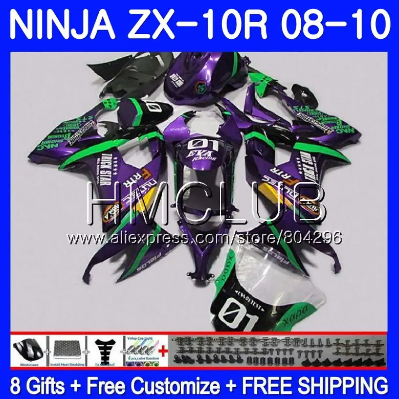 

Bodywork For KAWASAKI Purple green NINJA ZX 10 R ZX1000C ZX10R 08 09 10 40HM.22 ZX 10R ZX1000 ZX-10R 2008 2009 2010 Fairing kit