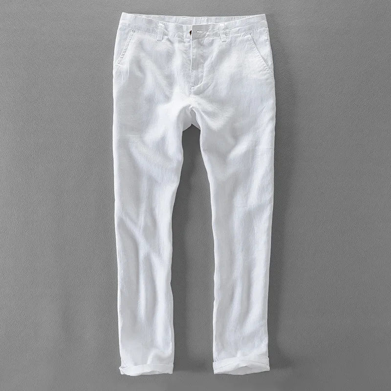 Summer Mens 100% Linen Casual Pants Cool Thin Breathable Trousers Straight Business Cargo