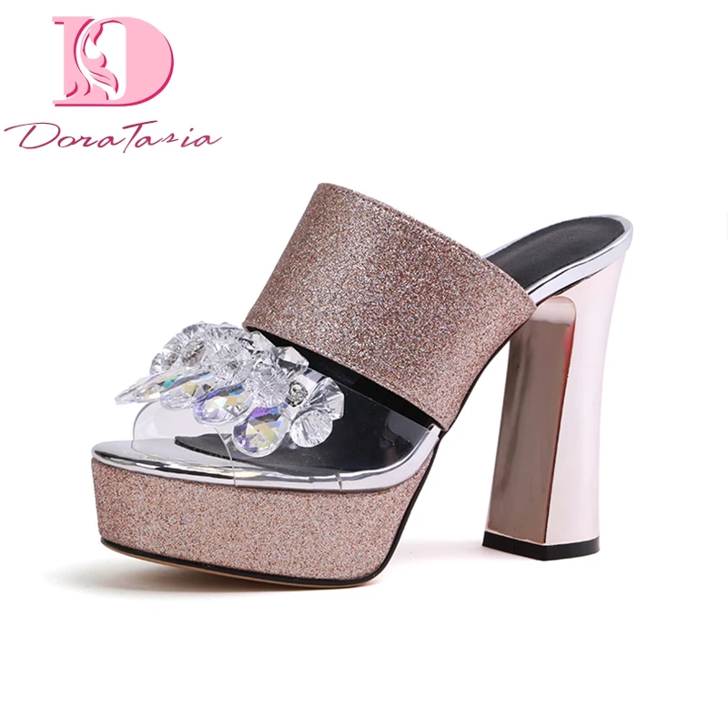 

2018 genuine leather Mules shoes woman Big Size 33-42 chunky High Heels Shoes Woman Buckle slip-on woman Pumps