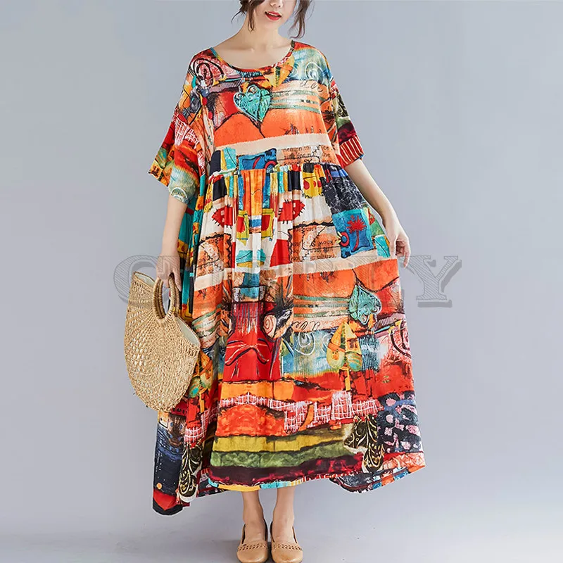 Image CUERLY Plus Size Women Print Dress Summer Sundress Cotton Female Lady CUERLY Loose Casual Holiday Maxi Dress Big Size 5XL 6XL
