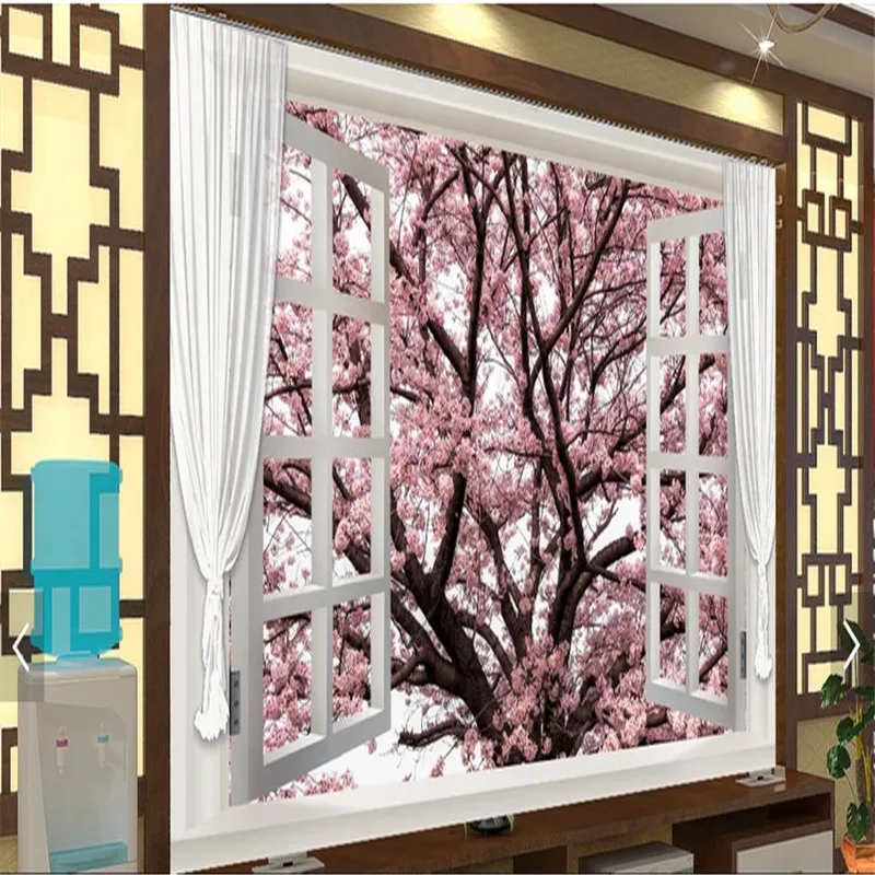 

Custom Wall Mural Wallpaper 3d Window scenery romantic cherry blossom photo Wallpapers for Living Room Bedroom TV Background