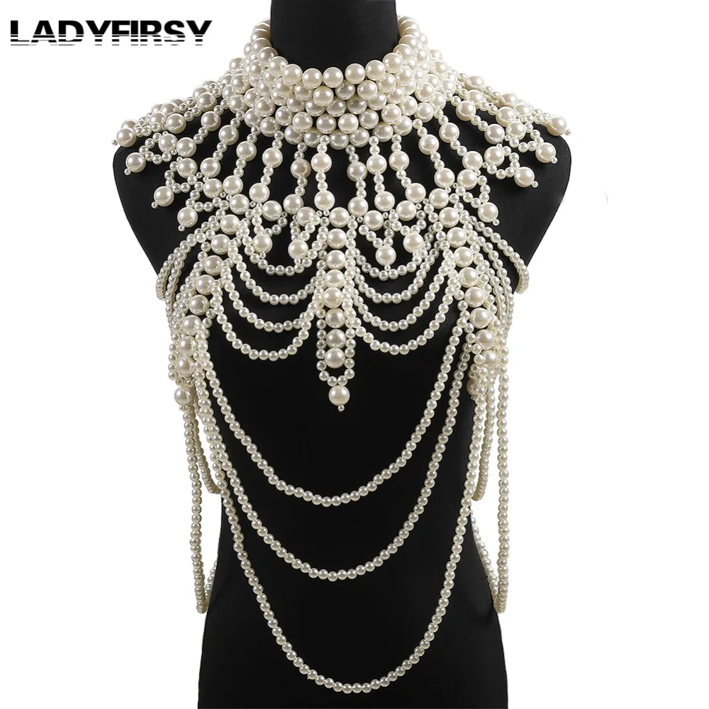 

Ladyfirsy Vintage Simulated Pearl Large Statement Body Chain Handmade Luxury Exaggerated Body Jewelry Unique Women Wedding Gifts