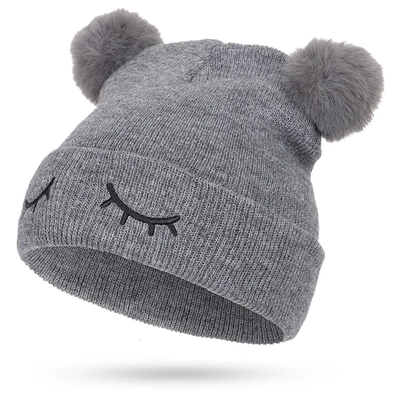Новая высококачественная детская вязаная шапочка из искусственного помпон из лисьего меха для мальчиков и девочек, зимние шапочки с милой вышивкой Skullies Beanies Kids - Цвет: Gray