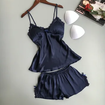 

Two Piece Set Women Sleepwear Silk Pajamas Sexy Chest Pads Nightwear Women Pyjama Lace Homewear Women Lingerie Pijama