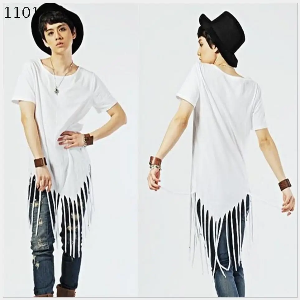 

M-4xl Hot 2021 New Tide Men's T-shirt Nightclub Hairstylist Fashion T-shirt Personality Tops White Tassel Singer Stage Costumes