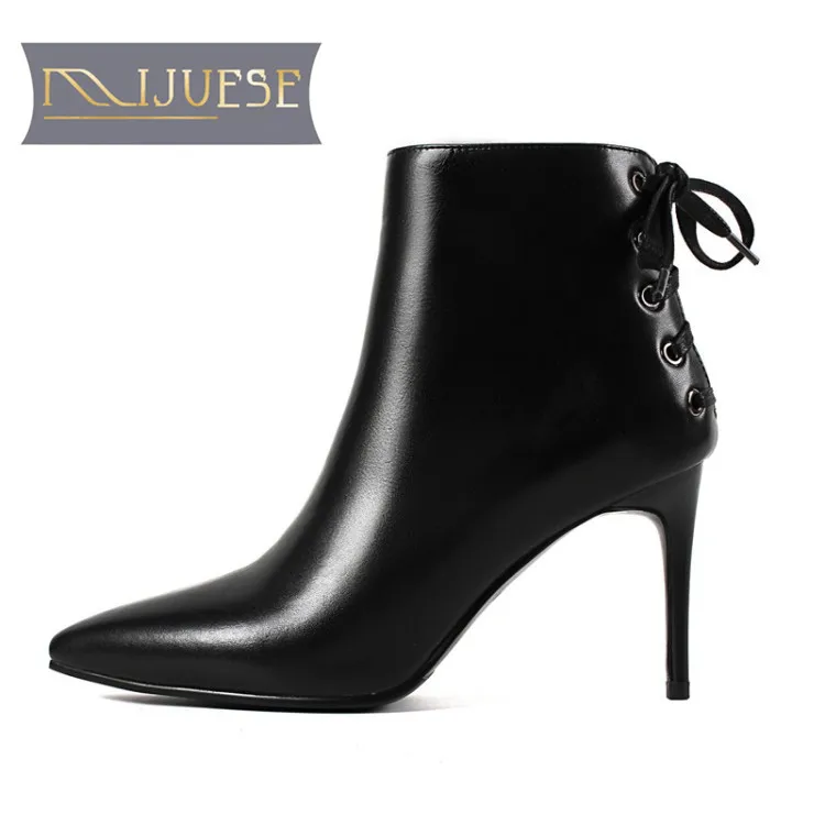 

MLJUESE 2019 women ankle boots cow leather pointed toe thin heel high heels boots winter short plush ankle boots size 33-43