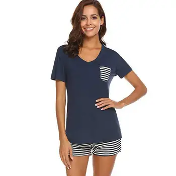 

Women Concise Casual Short Sleeve V-collar Comfortable Striped Short Style Pajama Set