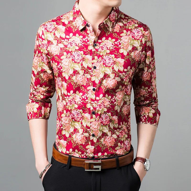 New male long sleeve floral clothes spring mens fashion printing shirt ...