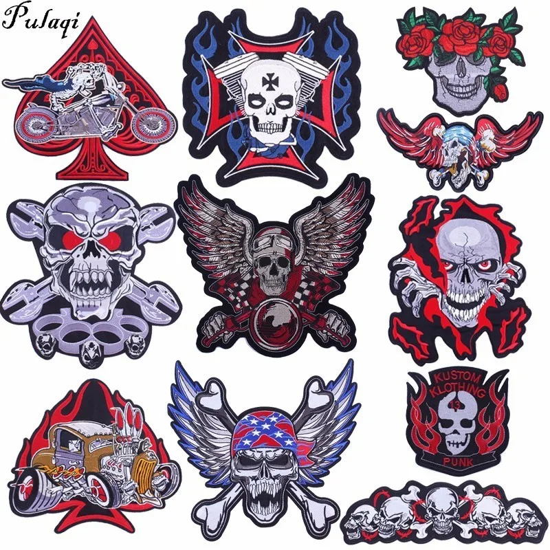 

Pulaqi Big Punk Skull Patch Iron Biker Morale Wings Back Patch Stalker Badge Large Embroidery Patches For Clothes Stripe Patch H