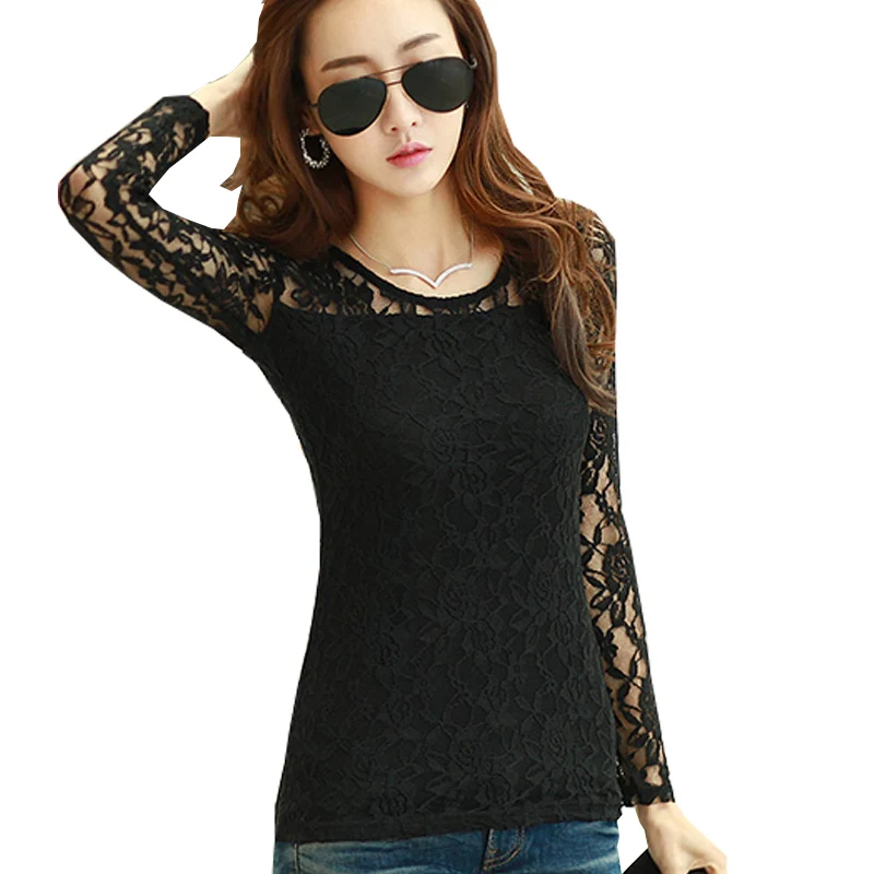 

Autumn 2018 Korean Fashion Slim Black Tee Shirt Femme Lace Embroidery Print Women Tshirt Plus Size Long Sleeve Shirt Women Tops