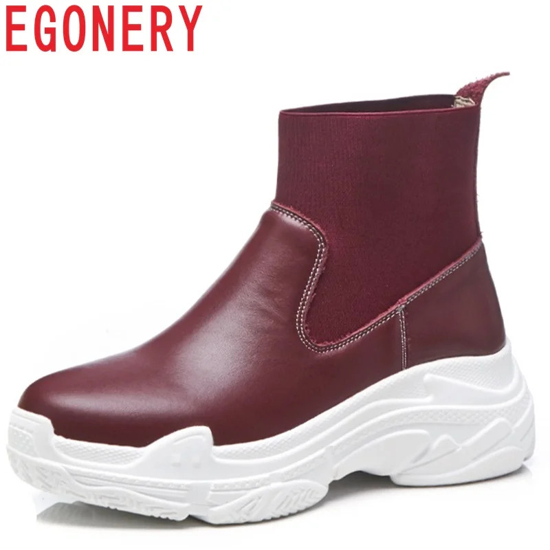

EGONERY sneakers shoes women high genuine leather wedges round toe elastic band black and wine red concise casual ankle boots