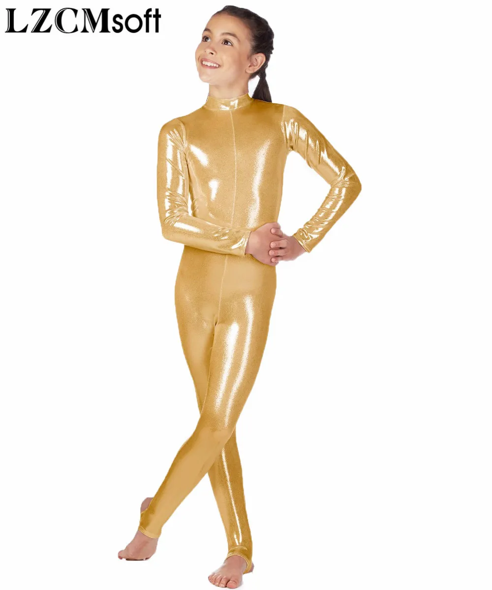 LZCMsoft/детская одежда с длинными рукавами, с металлическими полосками, для танцев, гимнастики, трико, блестящая Одежда для танцев для девочек, костюм для выступлений на сцене - Цвет: Gold