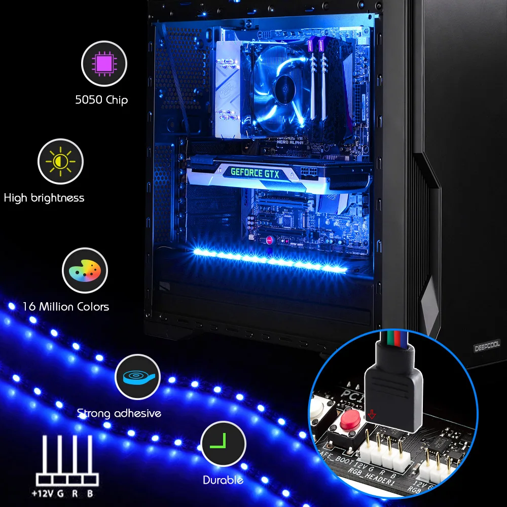 Светодиодная лента для 12 V 4PIN RGB Header (+ G R B) 5050 на компьютерный корпус ПК декора