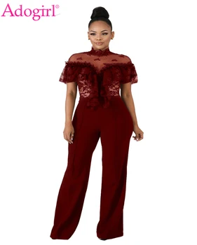 

Adogirl Lace Ruffle Sheer Mesh Patchwork Women Jumpsuit Wide Leg Pants Casual Slim Romper Club Party Outfits Sexy Body Suits