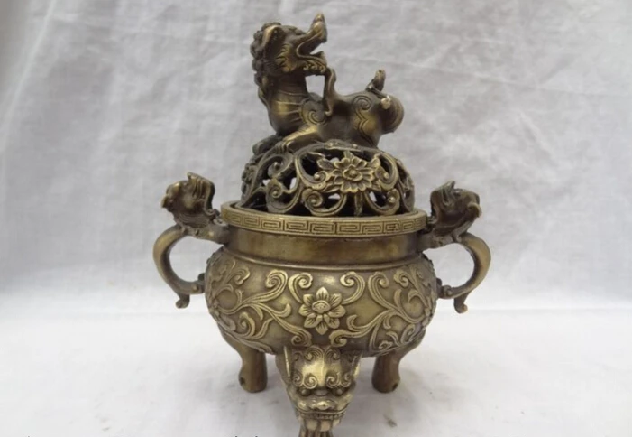 

S4116 8" Chinese Pure Bronze Dragon Head Lion Statue Flower Incense Burner Censer D0317