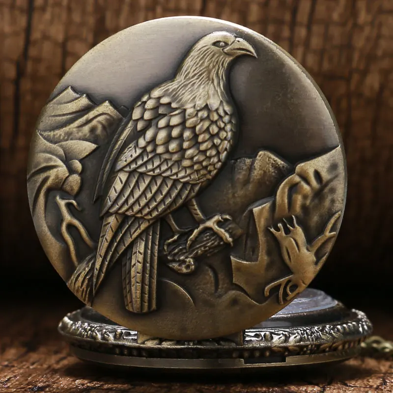 Винтаж бронзовый орел шаблон карманные часы Для мужчин Для женщин Повседневные часы с Цепочки и ожерелья цепь