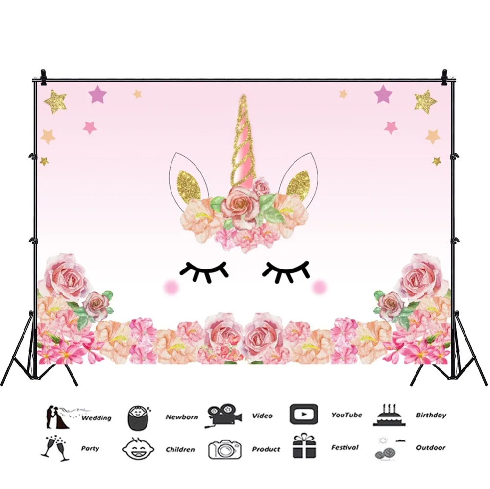 Laeacco Sweet Unicorn Party Happy Baby Birthday Gold Star Flower Child Photography Background Photography Backdrops Photo Stuido