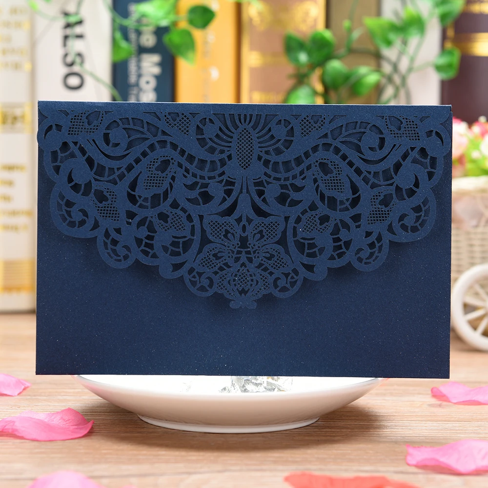  5 Sets Wedding Invitation Cards Laser Cut Floral Design Invites Pocket for Bridal Showers Engagemen - 33054135878