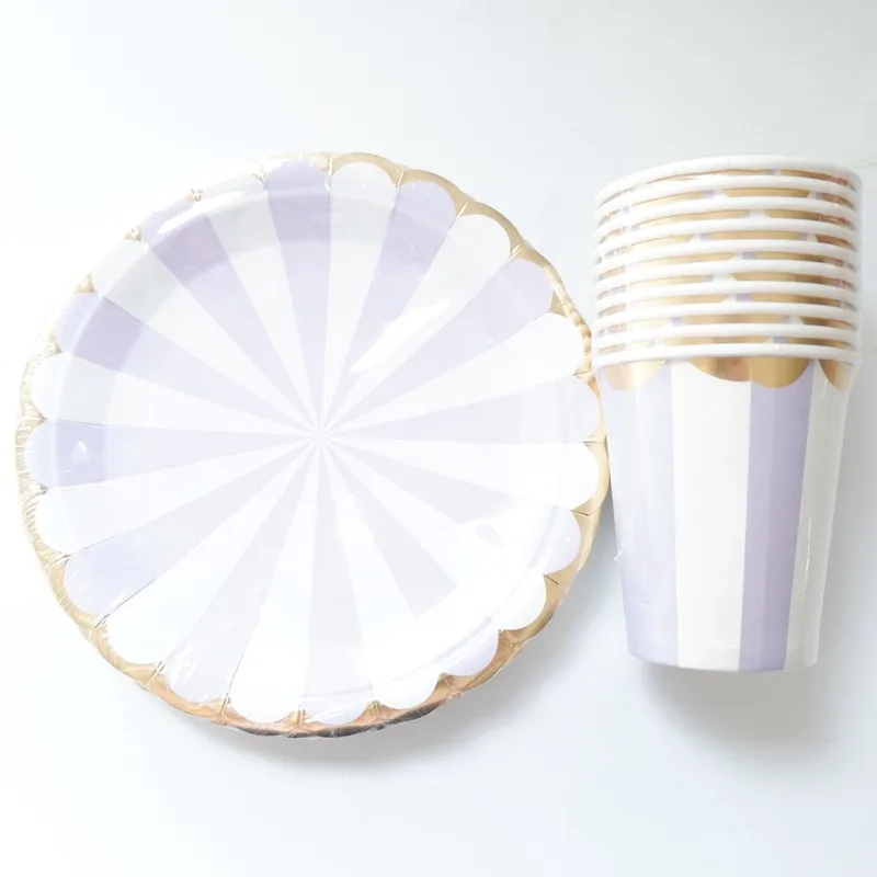 

20pcs/set Purple Gold Striped Disposable Tableware Sets Paper Plates+Cups festival Decorative Birthday Wedding Party Supplies