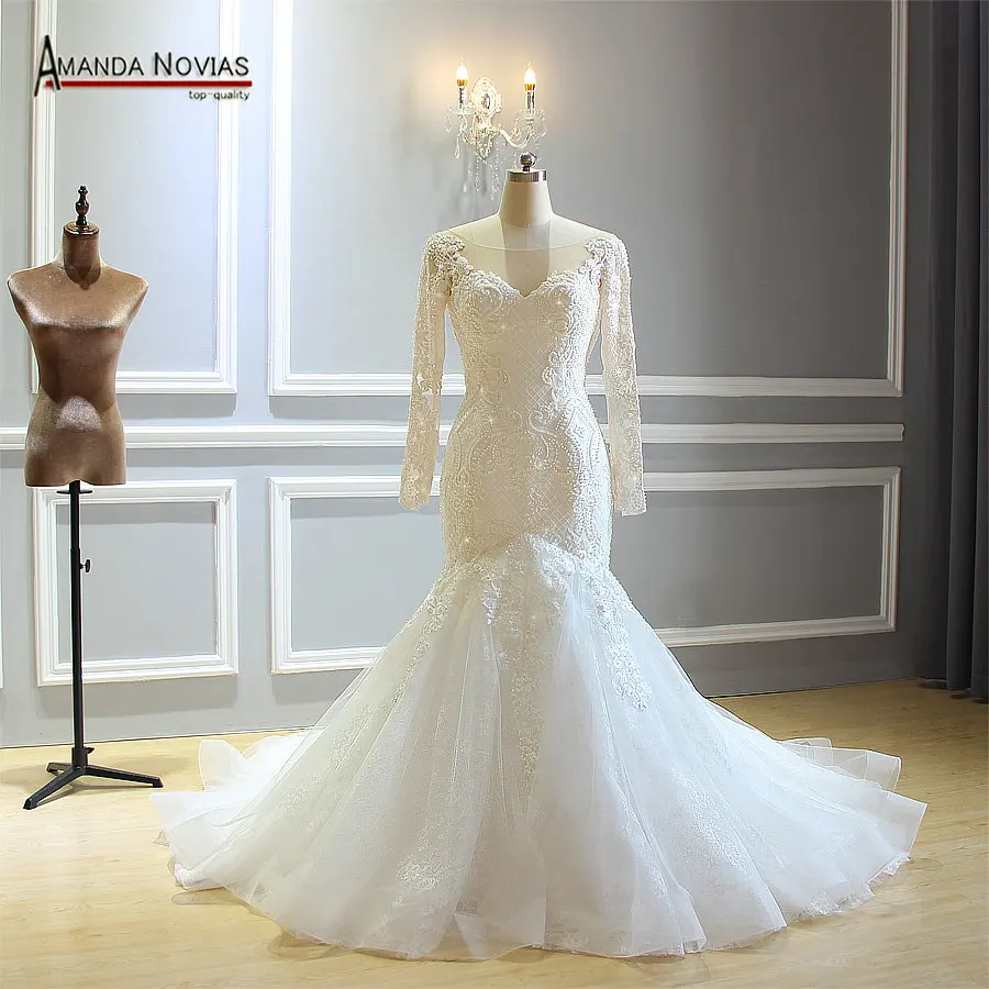 

Long Sleeves Mermaid Ivory Wedding Dress With Full Beading 2019
