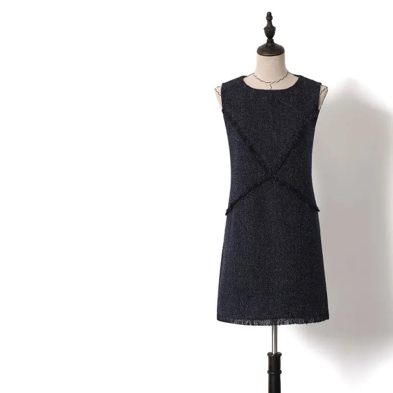 2019 Classic All Match Women Sleeveless Tweed Dress Frayed Tassel O-neck Tank Dress Female OL Elegant Vestidos Y120