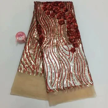

2018 high quality French sequence sequins net lace,African velvet tulle mesh sequence lace fabric for party dress 5yards/lot Red