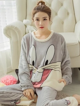 

Autumn and Winter Women Pyjamas Sets Thick Warm Coral Velvet Suit Flannel Long Sleeve Female Cartoon Bear Animal Pants Sleepwear