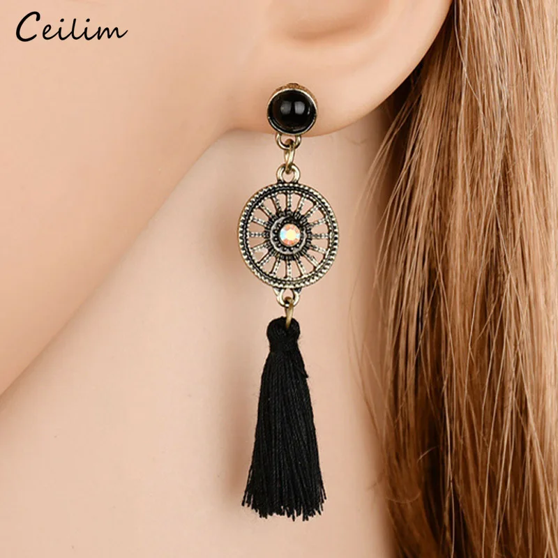 

2019 Bohemian Black Tassel Earring Women Fashion Jewelry Mixed Vintage Big Crystal Resign Stone Long Dangle Drop Earrings
