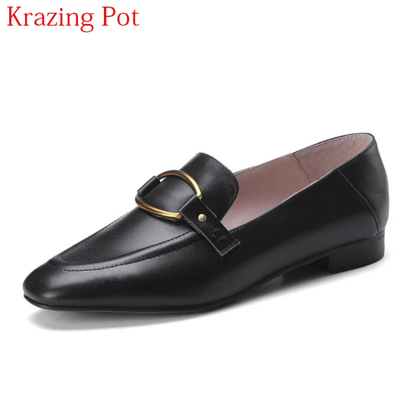 

2018 Square Toe Shallow Genuine Leather Loafers Metal Brand Spring Shoes Slip on Women Flats Summer Comfortable Casual Shoes L25