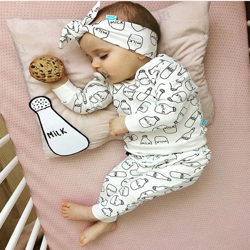 

Newborn Baby Girls Clothes White Long Sleeve Milk Print T-shirt Tops+Pants+Headband Cute 3Pcs Autumn Infant Clothing Set