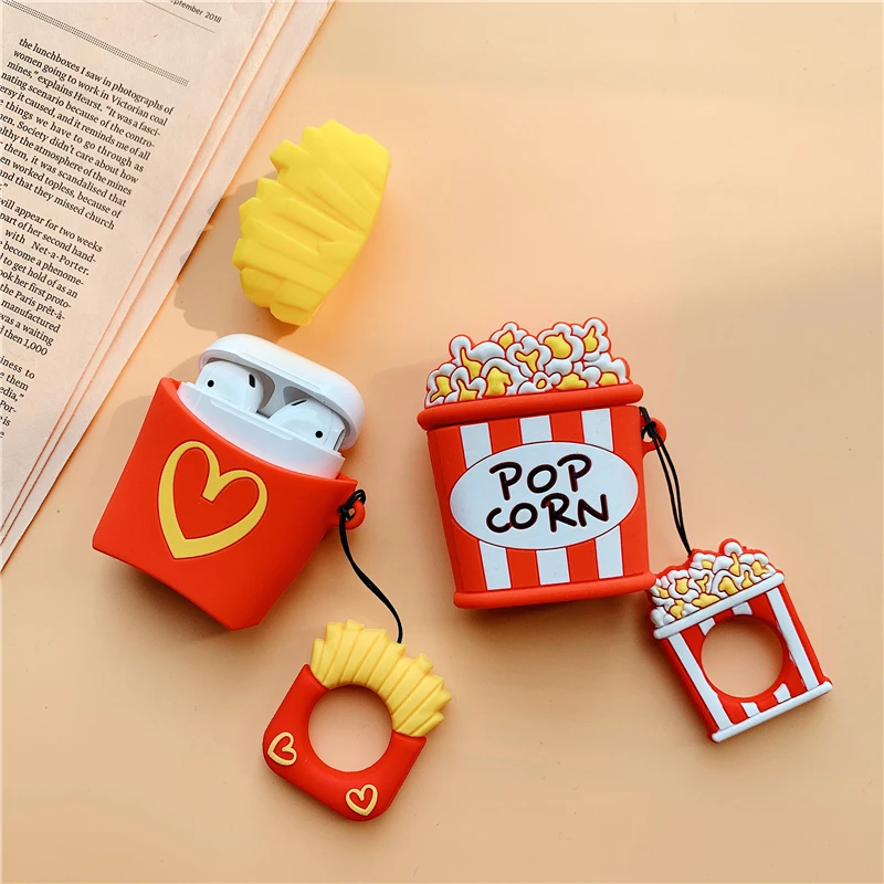 

Cartoon Soft Silicone Case For Apple Airpods Shockproof Earphone Charging Cover Cute Popcorn Fries Protector Finger Ring Case