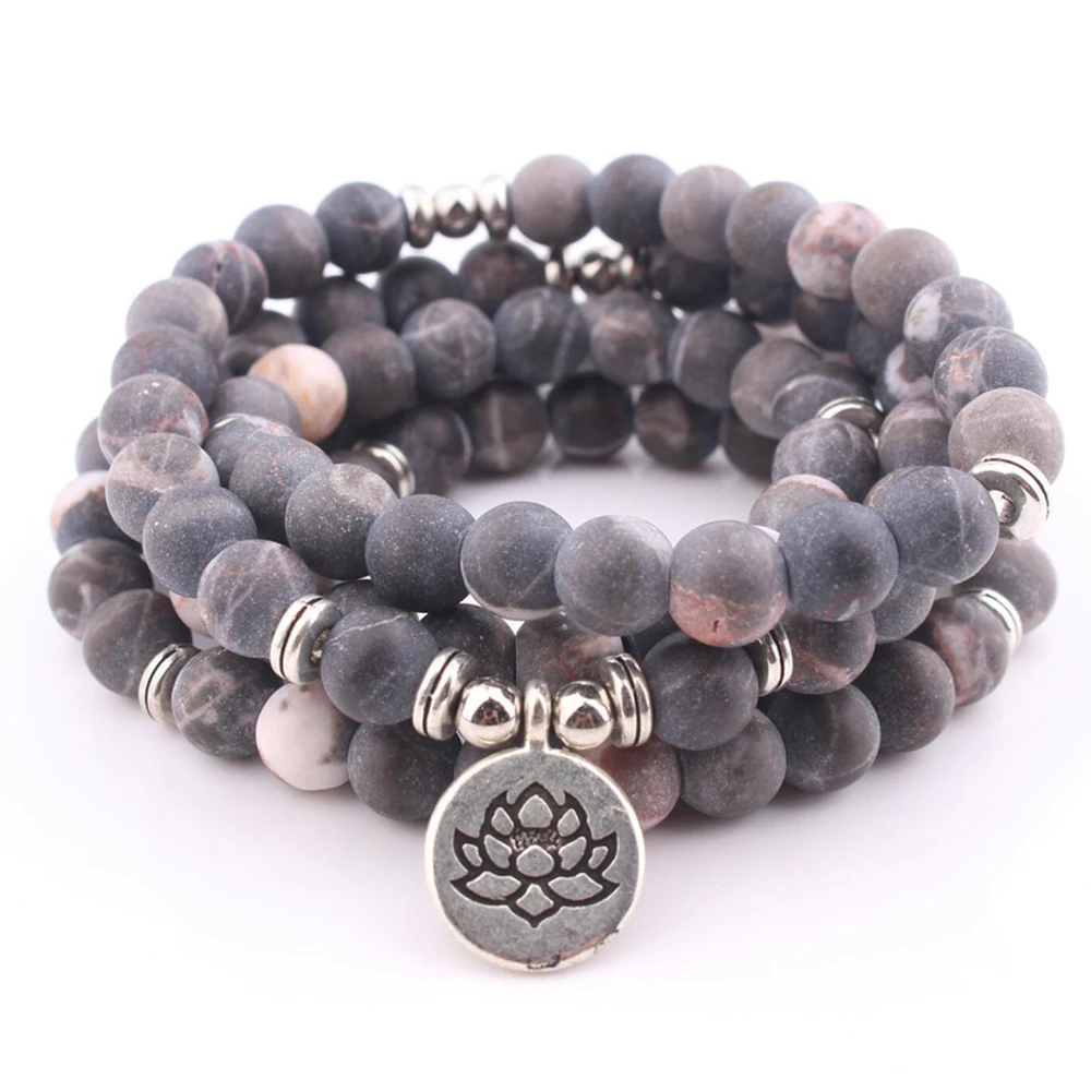 

Women`s bracelet 8 mm Pink zebra natural stone beads Lotus ohm Buddha Charm Yoga chakra Bracelet 108mala necklace dropshipping