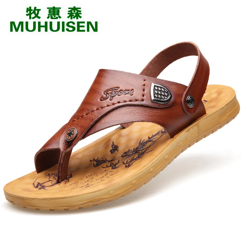 

Muhuisen Brown Men`s Sandals With Fashion Men Pinch Sandals Young Men Casual Flipflop Sandal Of Quality Microfiber Men Sandals
