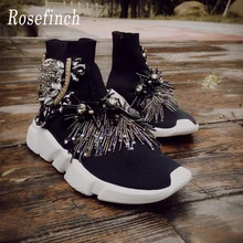 Роскошные Стразы кроссовки черного цвета с украшением в виде кристаллов Для женщин модные кроссовки стрейч носок сапоги спортивная мужская вязаный носок кроссовки Повседневная обувь WK110