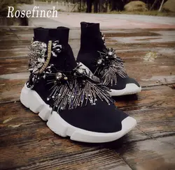 Роскошные Стразы кроссовки черный кристалл Для женщин модные кроссовки тянущийся носок сапоги спортивный вязаный носок кроссовки
