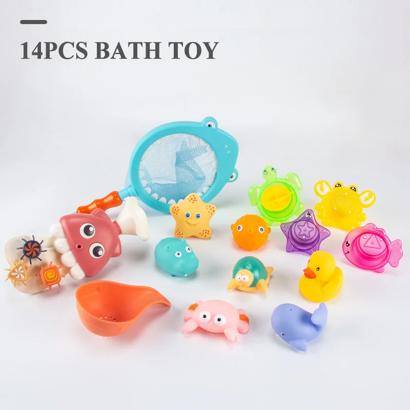 21 детская игрушка для ванны рыболовная сеть Организация Щебень утка игрушка для плавания игровые занятия пляж распылитель воды для ванной комнаты дети Toddlel игрушки - Цвет: 14pcs