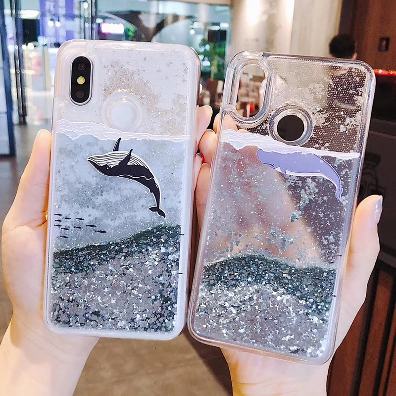 3D Whale Dolphin Glitter Star Cover For Xiaomi Mi 8 5X Mi A1 6X Mix 2S Liquid Quicksand Cases For Xiaomi Redmi 5 plus Note 5 pro