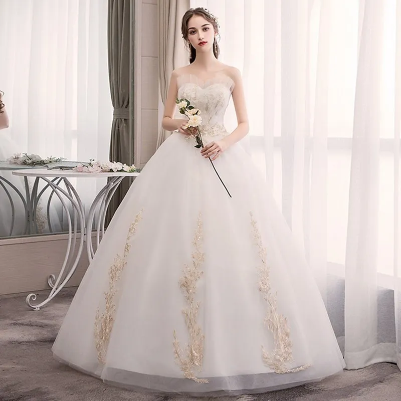 Gold Appliques Lace Wedding Dresses 2019 Ball Gown Sweetheart Vestidos de Novia Lace-Up Back Wedding Bridal Gowns (1)