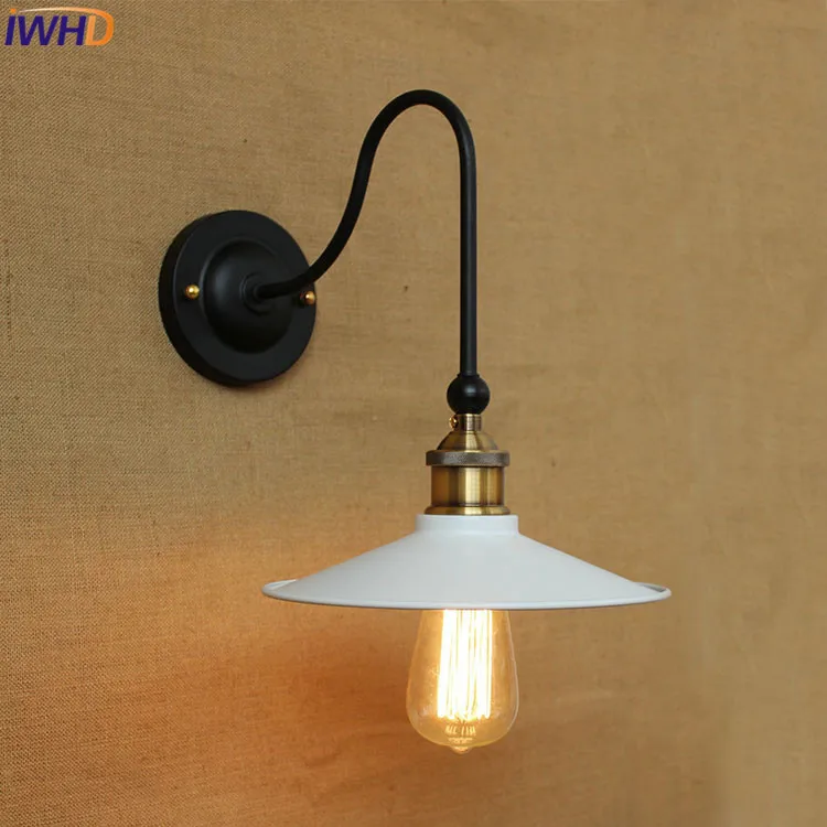 

IWHD American Loft Industrial Wall Lamps Vintage Bedside Led Wall Light Black White Metal Lampshade E27 Edison Bulbs 110V/220V