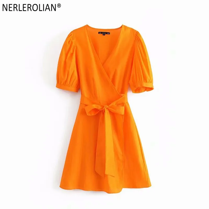 

NERLEROLIAN 2019 Summer Women Orange Dress V-neck Sleepwear Lantern Sleeve With Belt Dresses