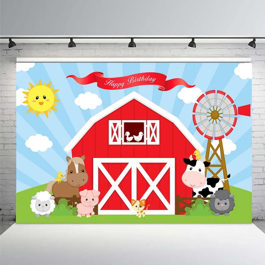 

Cartoon Farm Barnyard Animal Theme Backdrop Red Little Farmer Birthday Party Decorations Baby Shower Photography Background Red
