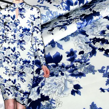 

Blue and White Peony Printed Silk Satin Fabric FOR dress