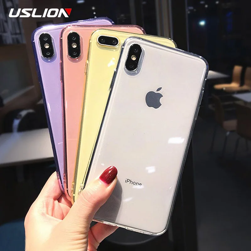 

USLION Transparent Soft TPU Phone Case For iPhone 6 6s 7 8 Plus Ultra Thin Simple Colorful Clear Cover For iPhone X XS XR Xs Max