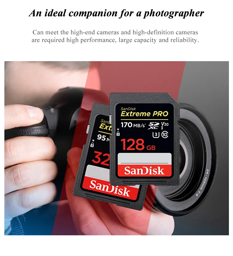 Двойной флеш-накопитель SanDisk Extreme PRO SD карты 128 Гб 64 Гб оперативной памяти, 32 Гб встроенной памяти Class 10 SDXC карты памяти SDHC карты памяти 170 МБ/с. для SLR Камера