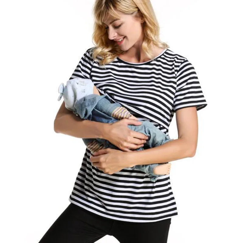Summer Nursing Tops Maternity Clothes Striped Breastfeeding T-shirts Feeding Tees Pregnancy Tops For Pregnant Women Clothing